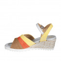 Woman's strap sandal in yellow, cognac brown and orange suede and silver leather with raffia wedge heel 5 - Available sizes:  32, 33, 34, 42, 43, 44, 45