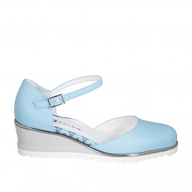 Woman's open shoe with strap in light blue leather wedge heel 5 - Available sizes:  32, 33, 34, 42, 43, 44, 45