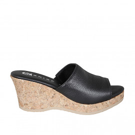 Woman's mules in black leather with platform wedge heel 7 - Available sizes:  32, 33, 34, 35, 42, 43