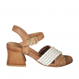 Woman's strap sandal in cognac brown and beige leather with golden net heel 6 - Available sizes:  32, 33, 34, 35, 42, 43, 44, 45