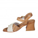 Sandalia para mujer con cinturon en piel cognac y beige con red oro tacon 6 - Tallas disponibles:  32, 33, 34, 35, 42, 43, 44, 45