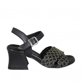 Woman's strap sandal in black leather with golden net heel 6 - Available sizes:  32, 33, 34, 35, 42, 43, 44, 45