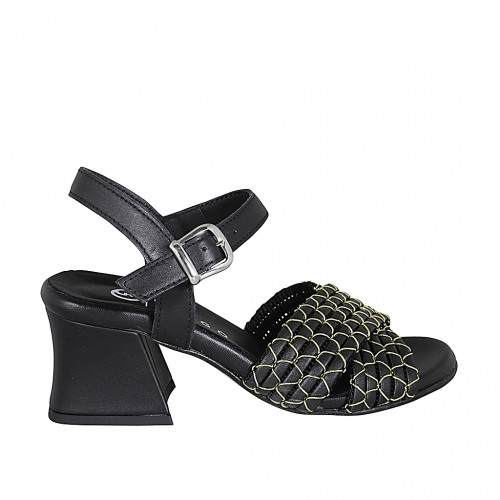 Sandalia para mujer con cinturon en piel negra con red oro tacon 6 - Tallas disponibles:  32, 33, 34, 35, 42, 43, 44, 45