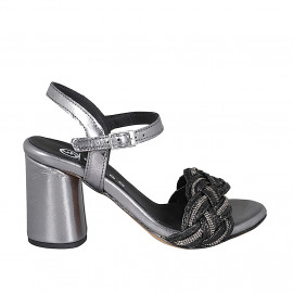 Sandale pour femmes en cuir lamé gris acier et noir avec courroie à la cheville et strass talon 7 - Pointures disponibles:  32, 33, 34, 35, 42, 43, 44, 45