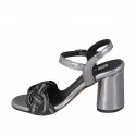 Woman's sandal in dark grey laminated and black leather with ankle strap and rhinestones heel 7 - Available sizes:  32, 33, 34, 35, 42, 43, 44, 45