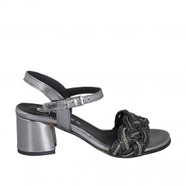 Woman's sandal in dark grey laminated leather and black raphia with ankle strap and rhinestones heel 5 - Available sizes:  32, 33, 34, 35, 42, 43, 44, 45