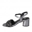 Woman's sandal in dark grey laminated leather and black raphia with ankle strap and rhinestones heel 5 - Available sizes:  32, 33, 34, 35, 42, 43, 44, 45