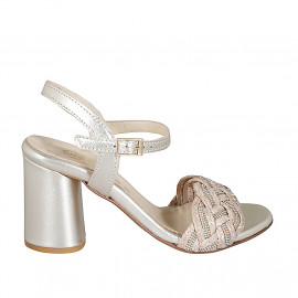 Woman's sandal in platinum laminated leather and beige raphia with ankle strap and rhinestones heel 7 - Available sizes:  32, 33, 34, 35, 42, 43, 44, 45