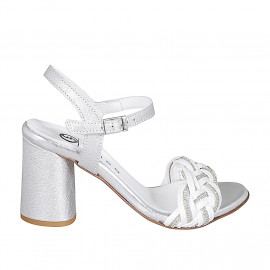 Woman's sandal in silver laminated leather and white raphia with ankle strap and rhinestones heel 7 - Available sizes:  32, 33, 34, 35, 42, 43, 44, 45