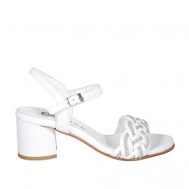 Woman's sandal in white leather and raphia with ankle strap and rhinestones heel 5 - Available sizes:  32, 34, 35, 42, 43, 44, 45