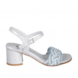 Woman's sandal in silver laminated leather and light blue raphia with ankle strap and rhinestones heel 5 - Available sizes:  32, 33, 34, 35, 42, 43, 44, 45