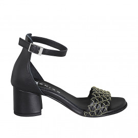 Woman's open shoe with strap in black leather with golden net heel 5 - Available sizes:  32, 33, 34, 35, 42, 43, 44, 45