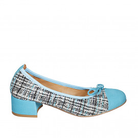 Woman's ballerina with bow and captoe in light blue suede and multicolored fabric heel 4 - Available sizes:  32, 33, 34, 35, 42, 43, 44, 45