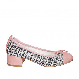 Woman's ballerina with bow and captoe in pink suede and multicolored fabric heel 4 - Available sizes:  32, 34, 35, 42, 43, 44, 45