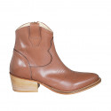 Botin tejano para mujer con cremallera y bordado en piel cognac tacon 5 - Tallas disponibles:  32, 33, 34, 35, 42, 43, 44, 45, 46