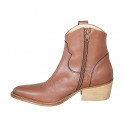 Botin tejano para mujer con cremallera y bordado en piel cognac tacon 5 - Tallas disponibles:  32, 33, 34, 35, 42, 43, 44, 45, 46