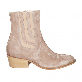 Woman's Texan ankle boot with zipper, elastic band and embroidered captoe in taupe suede heel 5 - Available sizes:  32, 33, 35, 42, 43, 44, 45, 46, 47