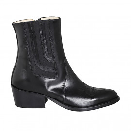 Botin tejano para mujer con cremallera, elastico y puntera bordada en piel negra tacon 5 - Tallas disponibles:  32, 33, 34, 35, 42, 43, 44, 45, 46