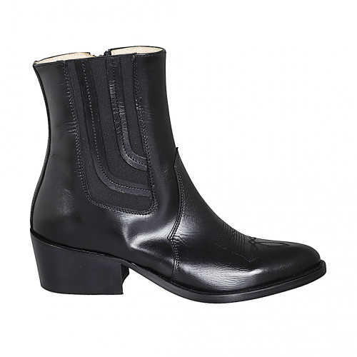 Botin tejano para mujer con cremallera, elastico y puntera bordada en piel negra tacon 5 - Tallas disponibles:  32, 33, 34, 35, 42, 43, 44, 45, 46, 47