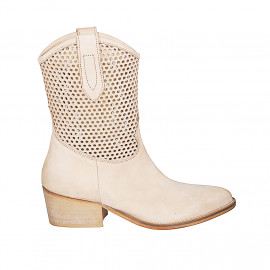 Stivaletto texano con mezza cerniera in nabuk e nabuk forato beige tacco 5 - Misure disponibili: 32, 33, 34, 35, 42, 43, 44, 46, 47