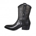 Woman's texan ankle boot with half zipper in black leather and pierced leather heel 5 - Available sizes:  32, 33, 34, 43, 44, 45, 46, 47