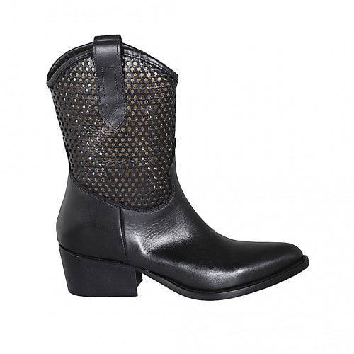 Bottines texane avec demi fermeture èclair en cuir et cuir perforé noir talon 5 - Pointures disponibles:  32, 33, 34, 43, 44, 45, 46, 47