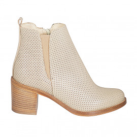 Woman's ankle boot in beige inlaid leather with elastic and zipper heel 6 - Available sizes:  32, 33, 35