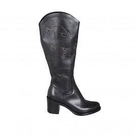 Bota para mujer con media cremallera en piel y piel perforada negra tacon 6 - Tallas disponibles:  32, 33, 34, 35, 42, 43, 44, 45, 46