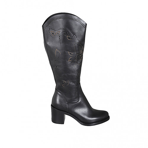 Bota para mujer con media cremallera en piel y piel perforada negra tacon 6 - Tallas disponibles:  32, 33, 34, 35, 42, 43, 44, 45, 46, 47