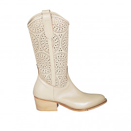 Botte texan pour femmes avec demi fermeture éclair en cuir et cuir perforé beige talon 5 - Pointures disponibles:  32, 33, 34, 35, 42, 43, 44, 45, 46, 47