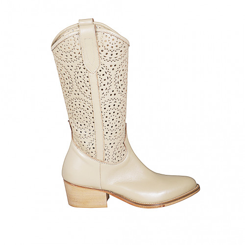 Botte texan pour femmes avec demi fermeture éclair en cuir et cuir perforé beige talon 5 - Pointures disponibles:  32, 33, 34, 35, 42, 43, 44, 45, 46, 47