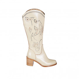 Stivale da donna con mezza cerniera in pelle e pelle forata beige tacco 6 - Misure disponibili: 32, 33, 34, 35, 43, 44, 45, 46, 47