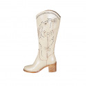 Bottes pour femmes avec demi fermeture éclair en cuir et cuir perforé beige talon 6 - Pointures disponibles:  32, 33, 34, 35, 42, 43, 44, 45, 46, 47