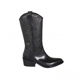 Botte texan pour femmes avec demi fermeture éclair en cuir et cuir perforé noir talon 5 - Pointures disponibles:  32, 33, 34, 35, 42, 43, 44, 45, 46, 47