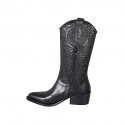 Woman's Texan boot with half zipper in black leather and pierced leather heel 5 - Available sizes:  32, 33, 34, 35, 42, 43, 44, 45, 46, 47