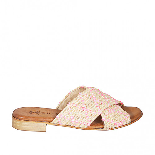 Woman's mule in beige, pink and white raffia heel 2 - Available sizes:  32, 33, 34, 35, 42, 43, 44, 45