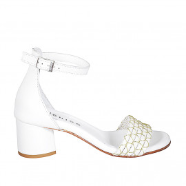 Zapato abierto para mujer con cinturon en piel blanca con red oro tacon 5 - Tallas disponibles:  32, 33, 34, 35, 42, 43, 44, 45