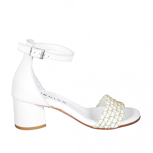 Chaussure ouverte pour femmes avec courroie en cuir blanc avec filet or talon 5 - Pointures disponibles:  32, 33, 34, 35, 42, 43, 44, 45