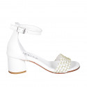 Woman's open shoe with strap in white leather with golden net heel 5 - Available sizes:  32, 33, 34, 35, 42, 43, 44, 45