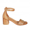 Woman's open shoe with strap in cognac brown leather with golden net heel 5 - Available sizes:  32, 33, 34, 35, 42, 43, 44, 45