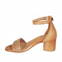 Zapato abierto para mujer con cinturon en piel cognac con red oro tacon 5 - Tallas disponibles:  32, 33, 34, 35, 42, 43, 44, 45