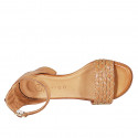 Woman's open shoe with strap in cognac brown leather with golden net heel 5 - Available sizes:  32, 33, 34, 35, 42, 43, 44, 45