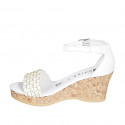 Woman's open shoe with strap in white leather with golden net and platform wedge heel 7 - Available sizes:  32, 33, 34, 35