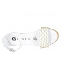 Woman's open shoe with strap in white leather with golden net and platform wedge heel 7 - Available sizes:  32, 33, 34, 35