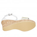 Woman's open shoe with strap in white leather with golden net and platform wedge heel 7 - Available sizes:  32, 33, 34, 35