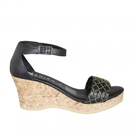 Woman's open shoe with strap in black leather with golden net and platform wedge heel 7 - Available sizes:  32, 33, 34, 35