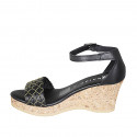 Woman's open shoe with strap in black leather with golden net and platform wedge heel 7 - Available sizes:  32, 33, 34, 35