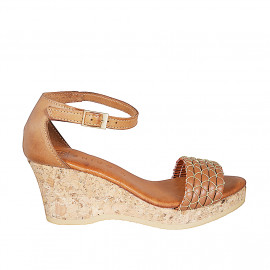 Woman's open shoe with strap in cognac brown leather with golden net and platform wedge heel 7 - Available sizes:  32, 33, 34, 35