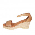 Woman's open shoe with strap in cognac brown leather with golden net and platform wedge heel 7 - Available sizes:  32, 33, 34, 35