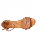 Woman's open shoe with strap in cognac brown leather with golden net and platform wedge heel 7 - Available sizes:  32, 33, 34, 35